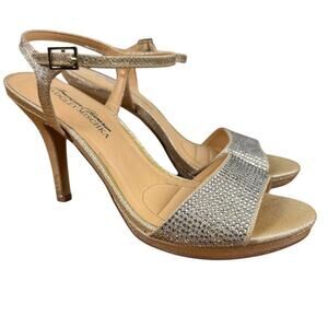 Badgley Mischka American Glamour Womens Rhinestone Gold Ankle Strap Heels sz 6.5